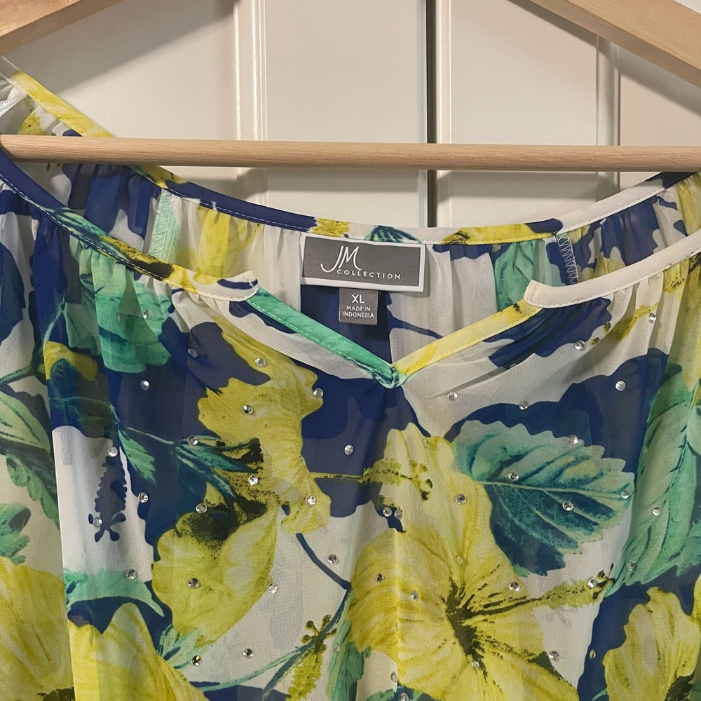 JM Collection Womens XL Floral Chiffon Blouse Rhinestone Split Neck Blue Yellow - Picture 3 of 4